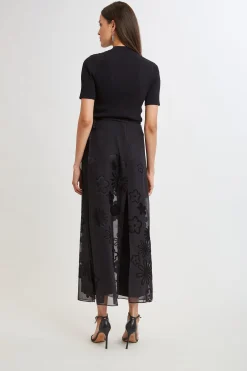 Elie Tahari Bottoms-Floral Satin Burnout Overlay Pant BLACK