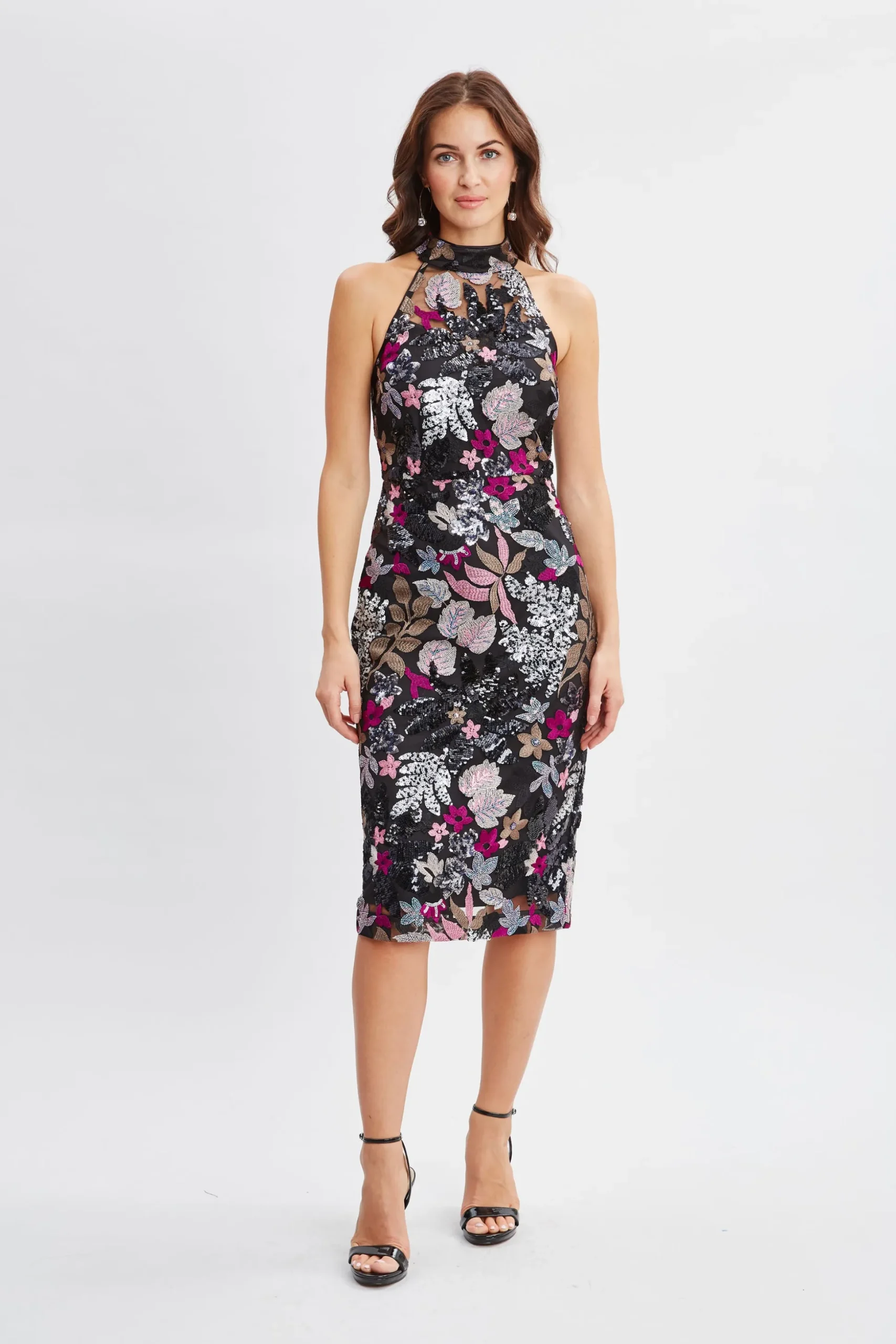 Elie Tahari Dresses & Jumpsuits-Floral Sequin Halter Dress BLACKWITHMULTICOLORFLORALS