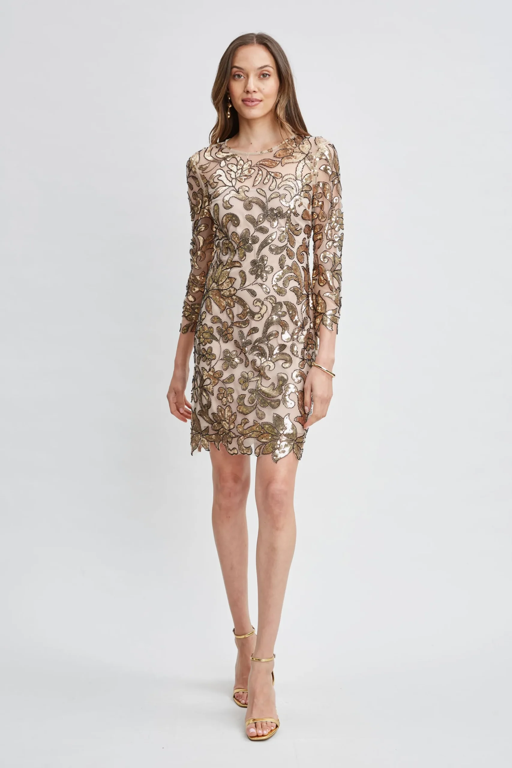 Elie Tahari Dresses & Jumpsuits-Floral Sequin Long Sleeve Dress ANTIQUEGOLD
