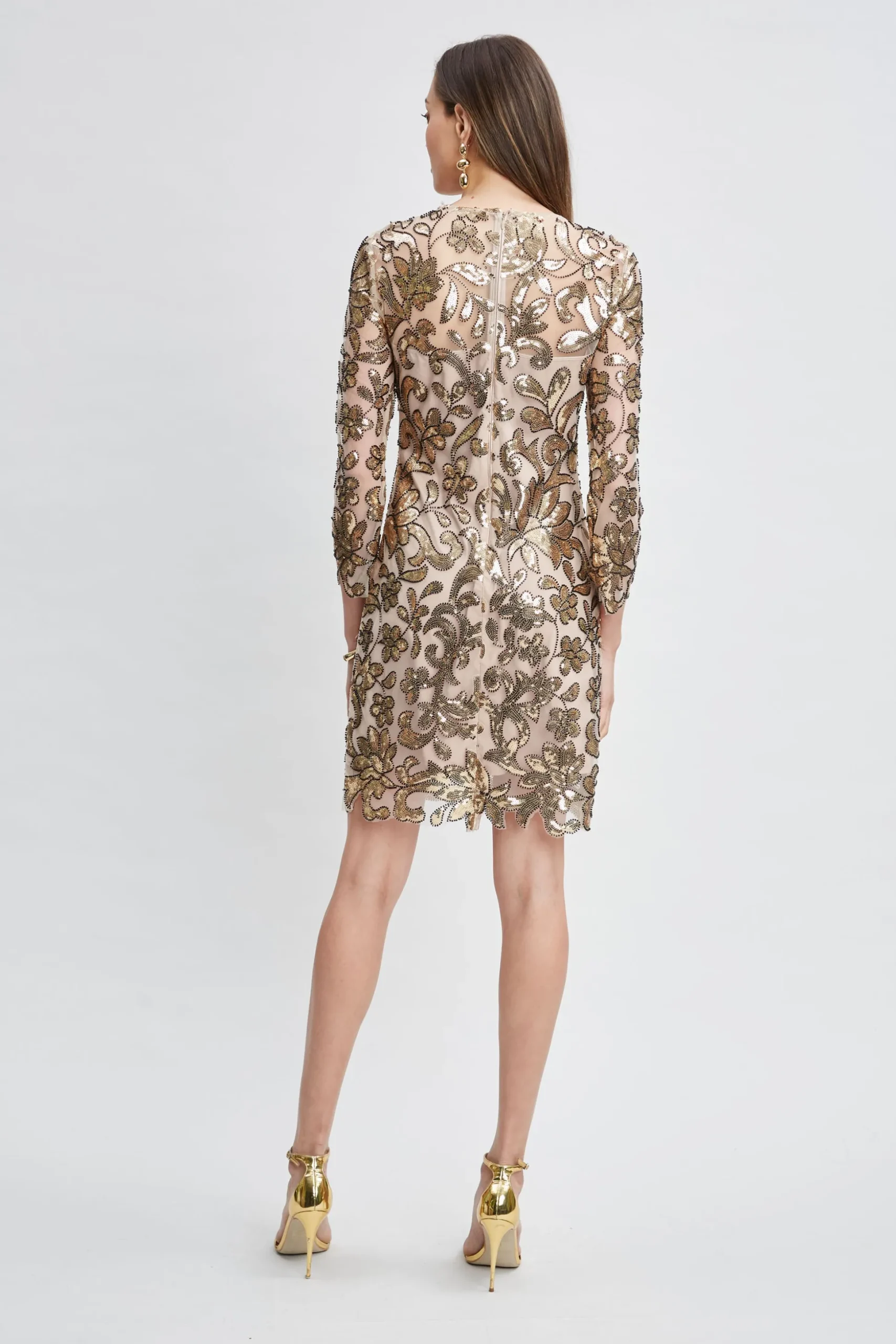 Elie Tahari Dresses & Jumpsuits-Floral Sequin Long Sleeve Dress ANTIQUEGOLD