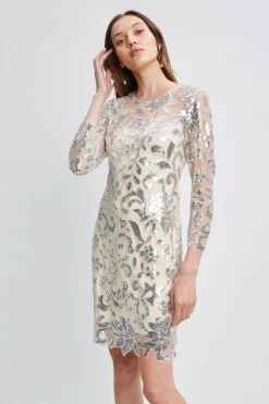 Elie Tahari Dresses & Jumpsuits-Floral Sequin Long Sleeve Dress SILVER