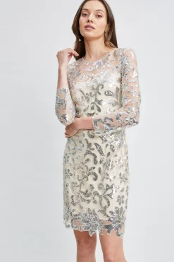 Elie Tahari Dresses & Jumpsuits-Floral Sequin Long Sleeve Dress SILVER