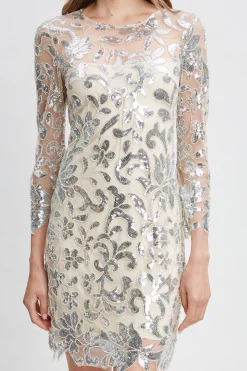 Elie Tahari Dresses & Jumpsuits-Floral Sequin Long Sleeve Dress SILVER