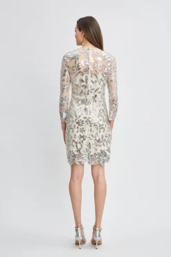 Elie Tahari Dresses & Jumpsuits-Floral Sequin Long Sleeve Dress SILVER