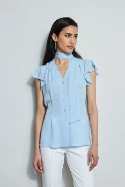 Elie Tahari Tops & Sweaters-Flutter Sleeve Tie Shirt WATERBLUE