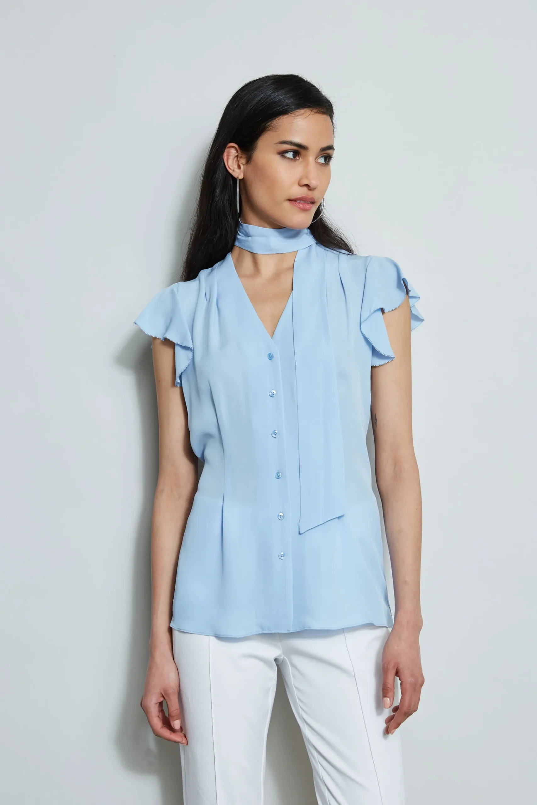 Elie Tahari Tops & Sweaters-Flutter Sleeve Tie Shirt WATERBLUE