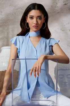 Elie Tahari Tops & Sweaters-Flutter Sleeve Tie Shirt WATERBLUE