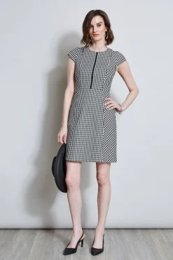 Elie Tahari Dresses & Jumpsuits|Short Sleeve Dresses-Gingham Fit & Flare Dress BLACK-WHITE