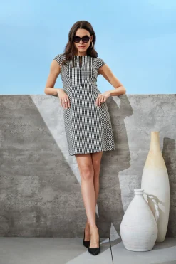 Elie Tahari Dresses & Jumpsuits|Short Sleeve Dresses-Gingham Fit & Flare Dress BLACK-WHITE