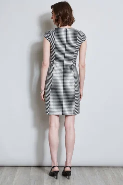 Elie Tahari Dresses & Jumpsuits|Short Sleeve Dresses-Gingham Fit & Flare Dress BLACK-WHITE