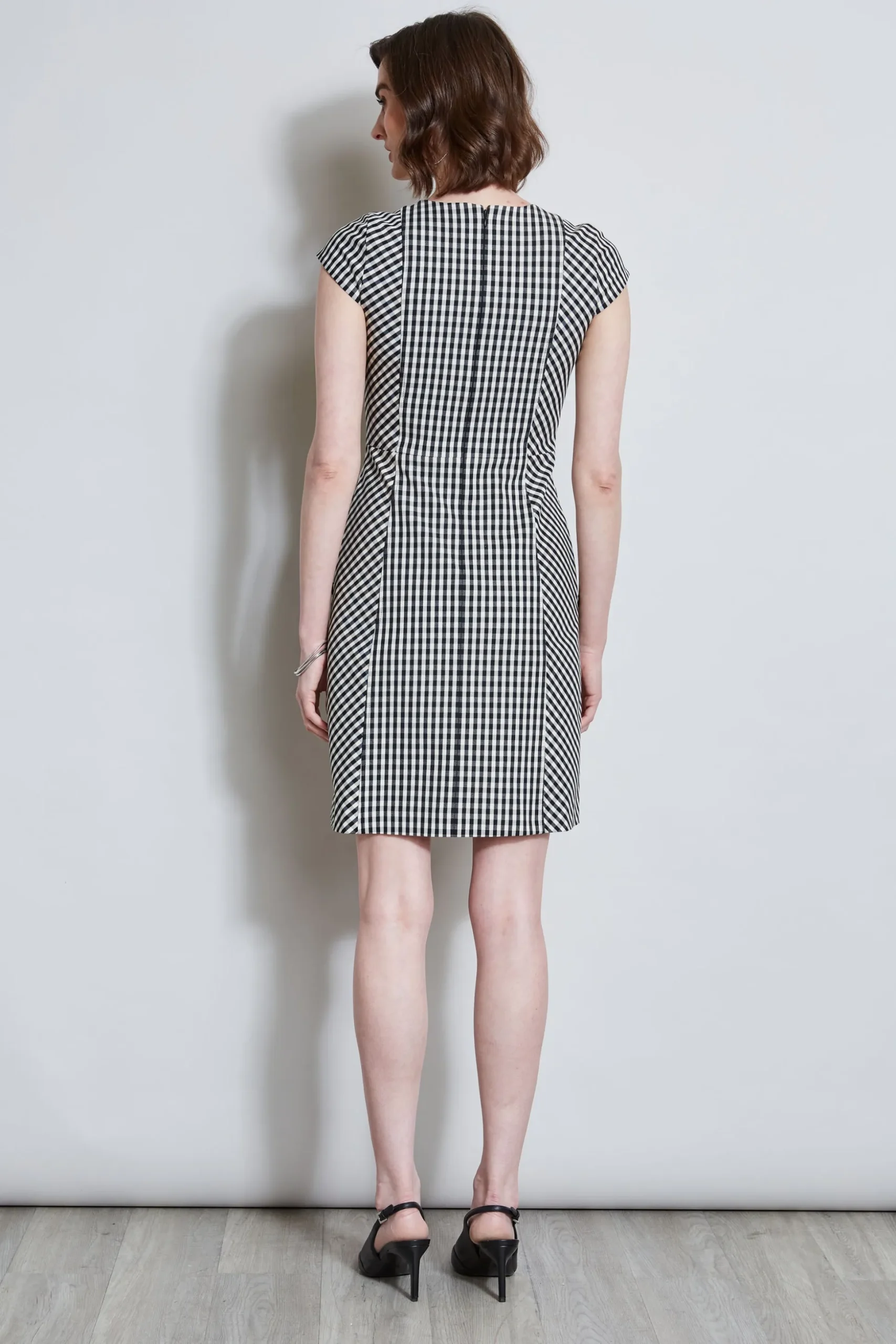 Elie Tahari Dresses & Jumpsuits|Short Sleeve Dresses-Gingham Fit & Flare Dress BLACK-WHITE