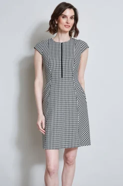 Elie Tahari Dresses & Jumpsuits|Short Sleeve Dresses-Gingham Fit & Flare Dress BLACK-WHITE