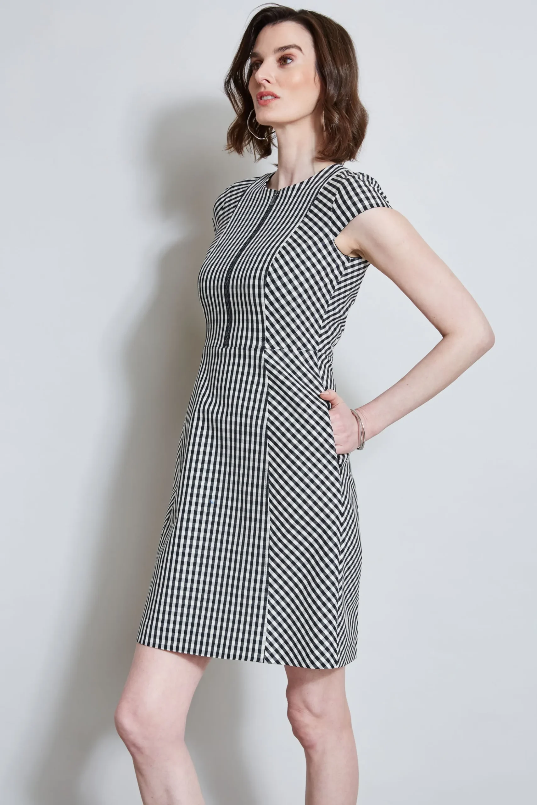 Elie Tahari Dresses & Jumpsuits|Short Sleeve Dresses-Gingham Fit & Flare Dress BLACK-WHITE