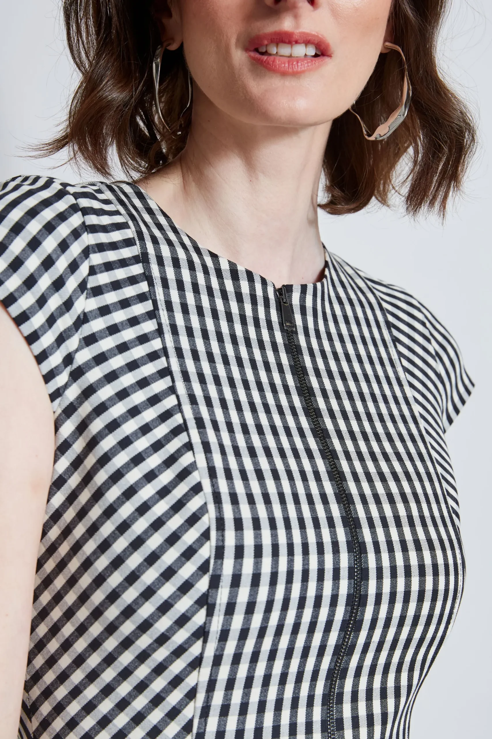 Elie Tahari Dresses & Jumpsuits|Short Sleeve Dresses-Gingham Fit & Flare Dress BLACK-WHITE