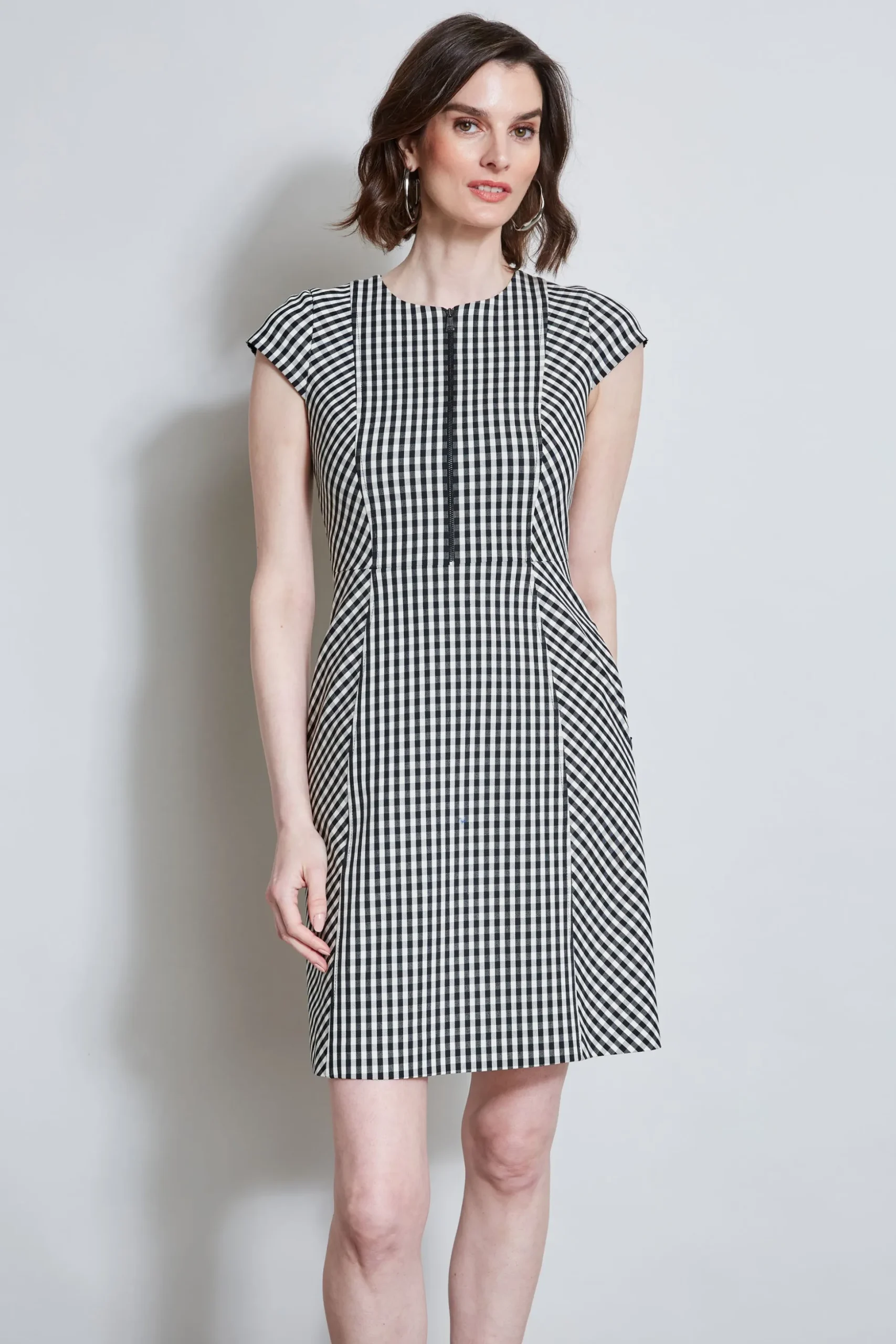 Elie Tahari Dresses & Jumpsuits|Short Sleeve Dresses-Gingham Fit & Flare Dress BLACK-WHITE