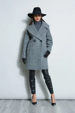 Elie Tahari Coats-Herringbone Brushed Double Breasted Coat BLACKMULTI