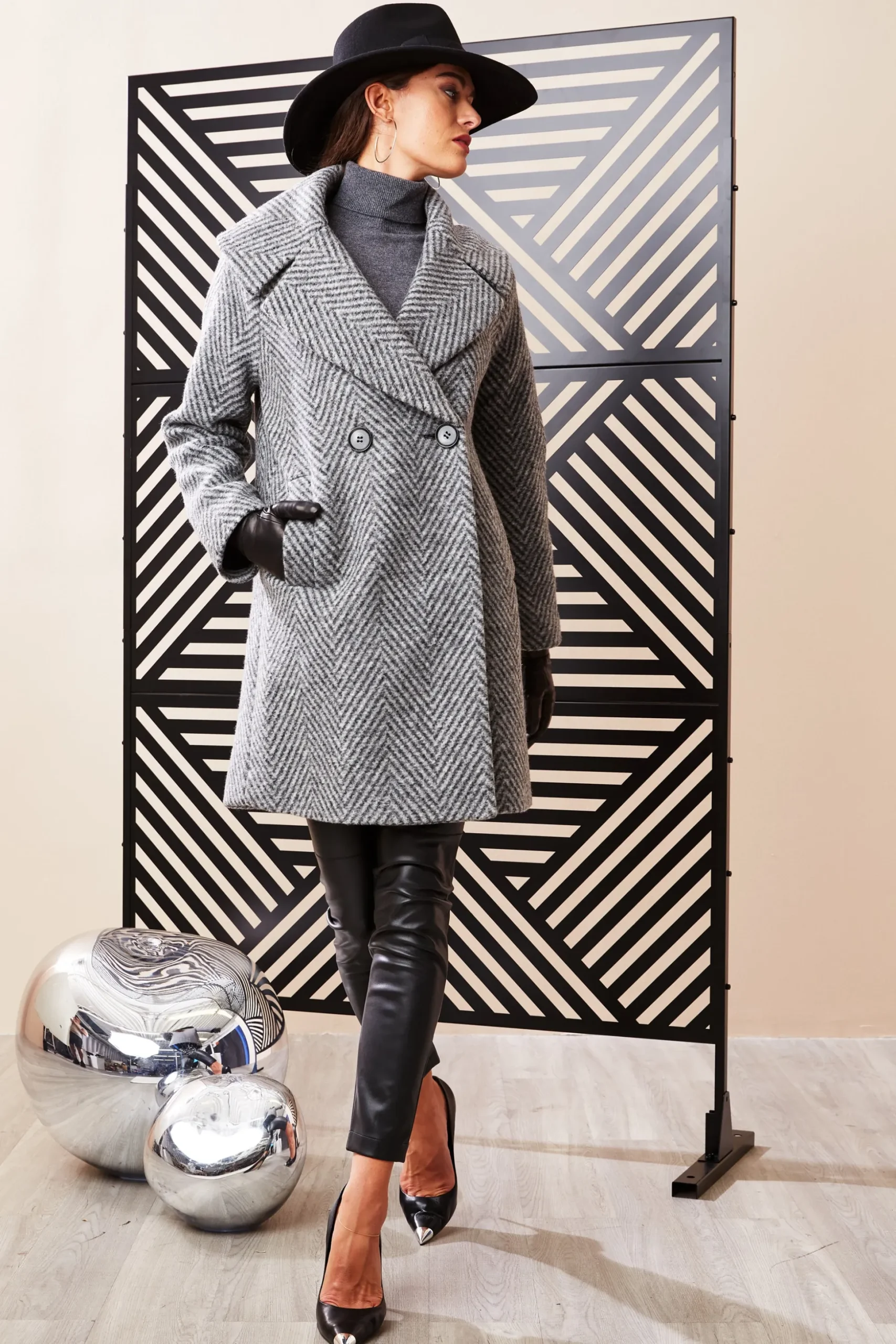 Elie Tahari Coats-Herringbone Brushed Double Breasted Coat BLACKMULTI