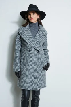 Elie Tahari Coats-Herringbone Brushed Double Breasted Coat BLACKMULTI