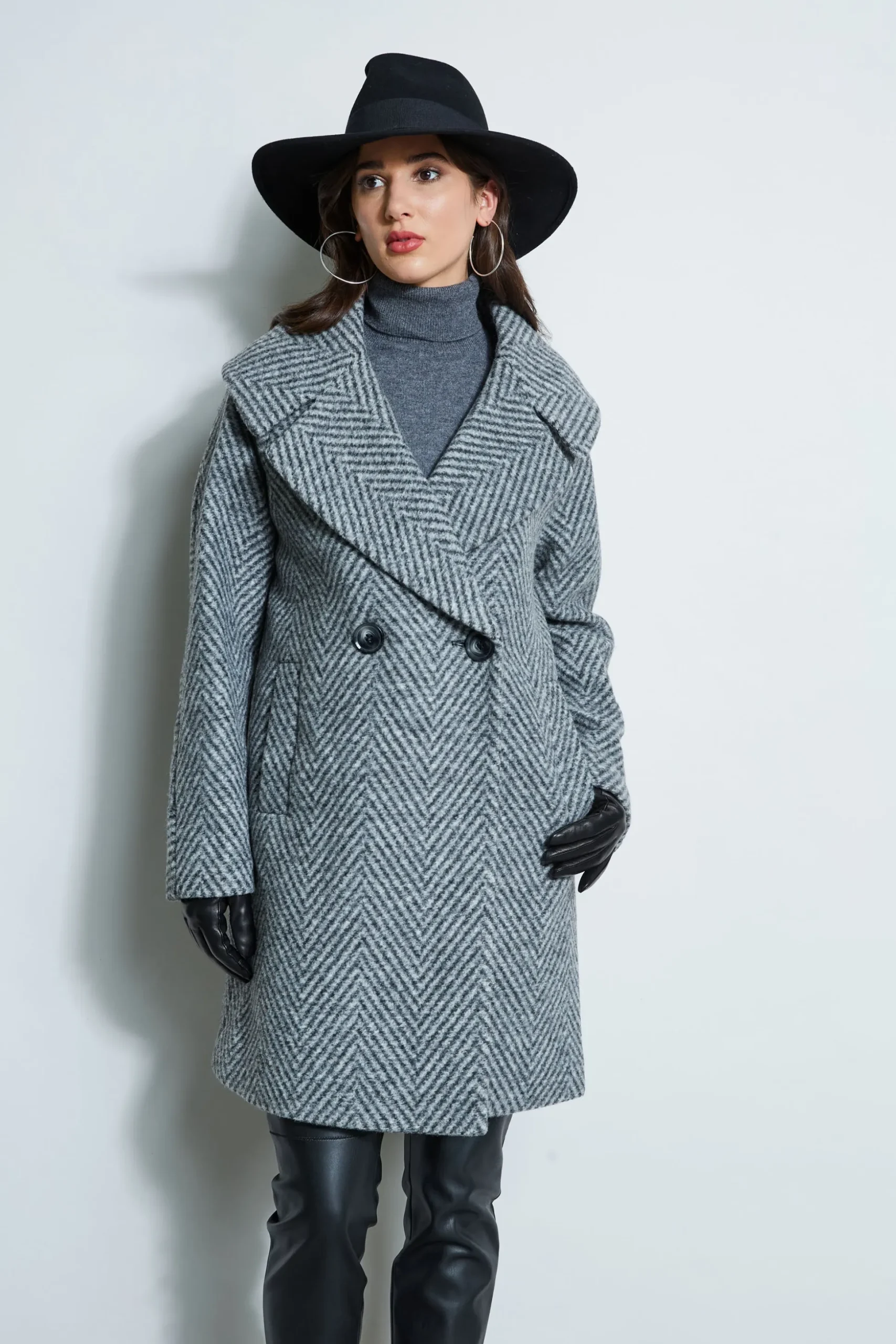 Elie Tahari Coats-Herringbone Brushed Double Breasted Coat BLACKMULTI