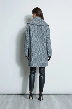 Elie Tahari Coats-Herringbone Brushed Double Breasted Coat BLACKMULTI