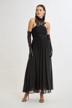Elie Tahari Dresses & Jumpsuits|Sleeveless Dresses-Lace Applique Chiffon Halter Gown BLACK