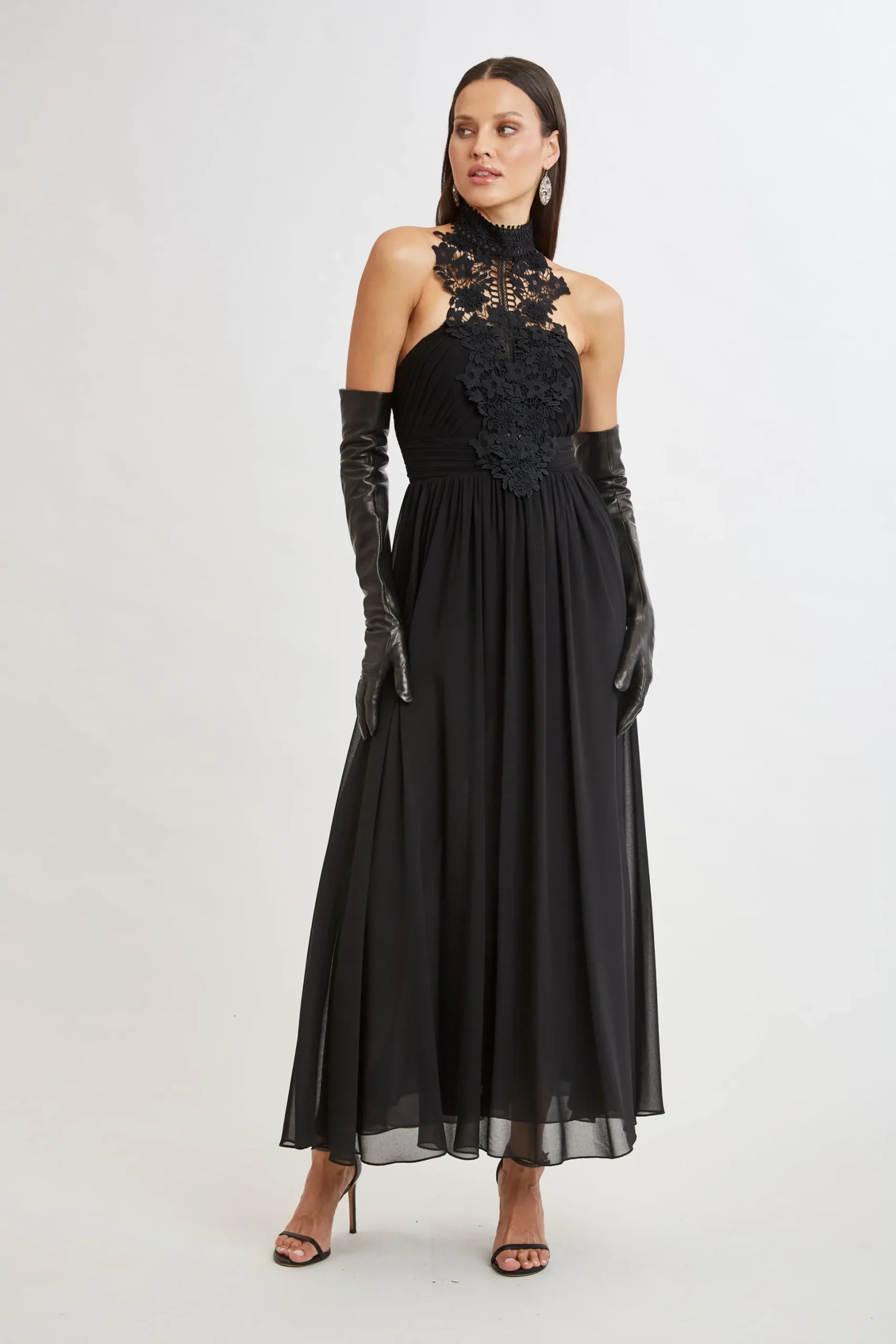 Elie Tahari Dresses & Jumpsuits|Sleeveless Dresses-Lace Applique Chiffon Halter Gown BLACK