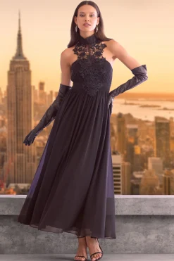 Elie Tahari Dresses & Jumpsuits|Sleeveless Dresses-Lace Applique Chiffon Halter Gown BLACK