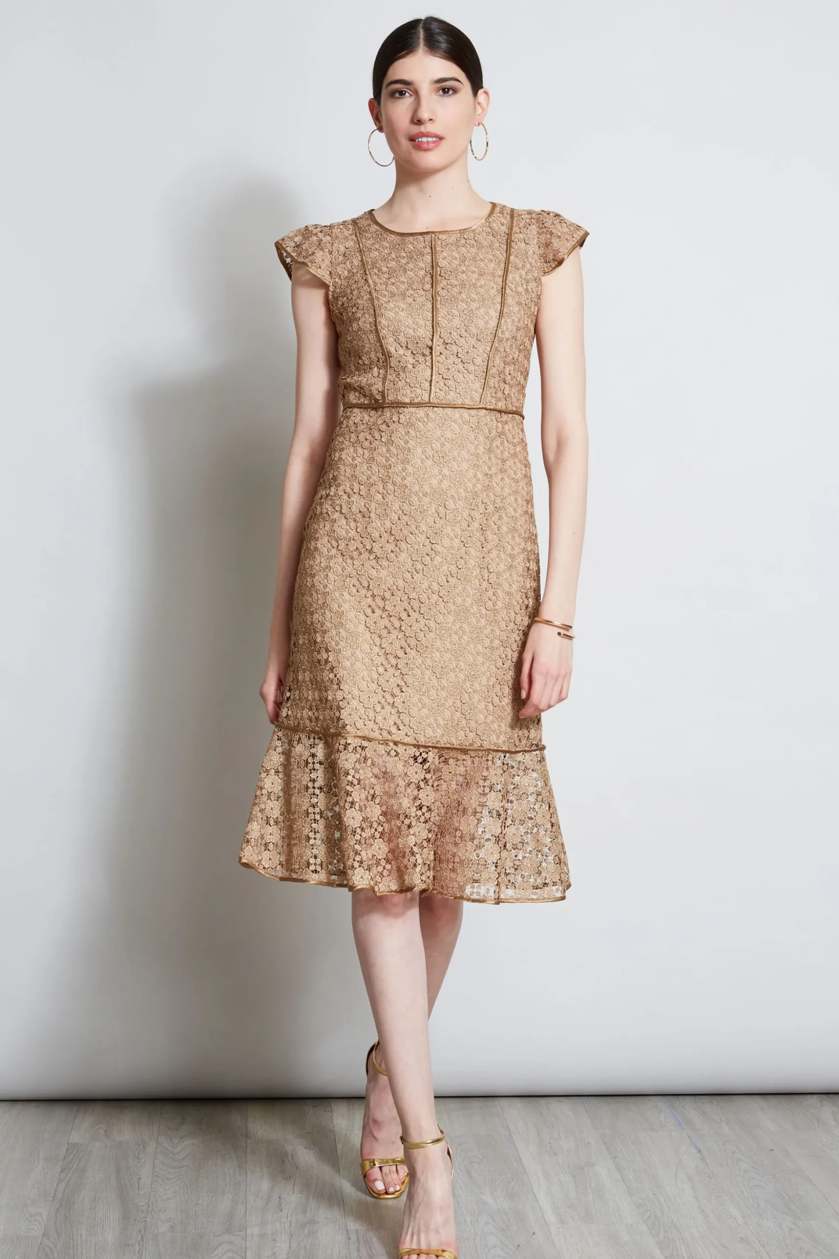 Elie Tahari Dresses & Jumpsuits|Midi Dresses-Lace Flutter Sleeve Dress GOLD
