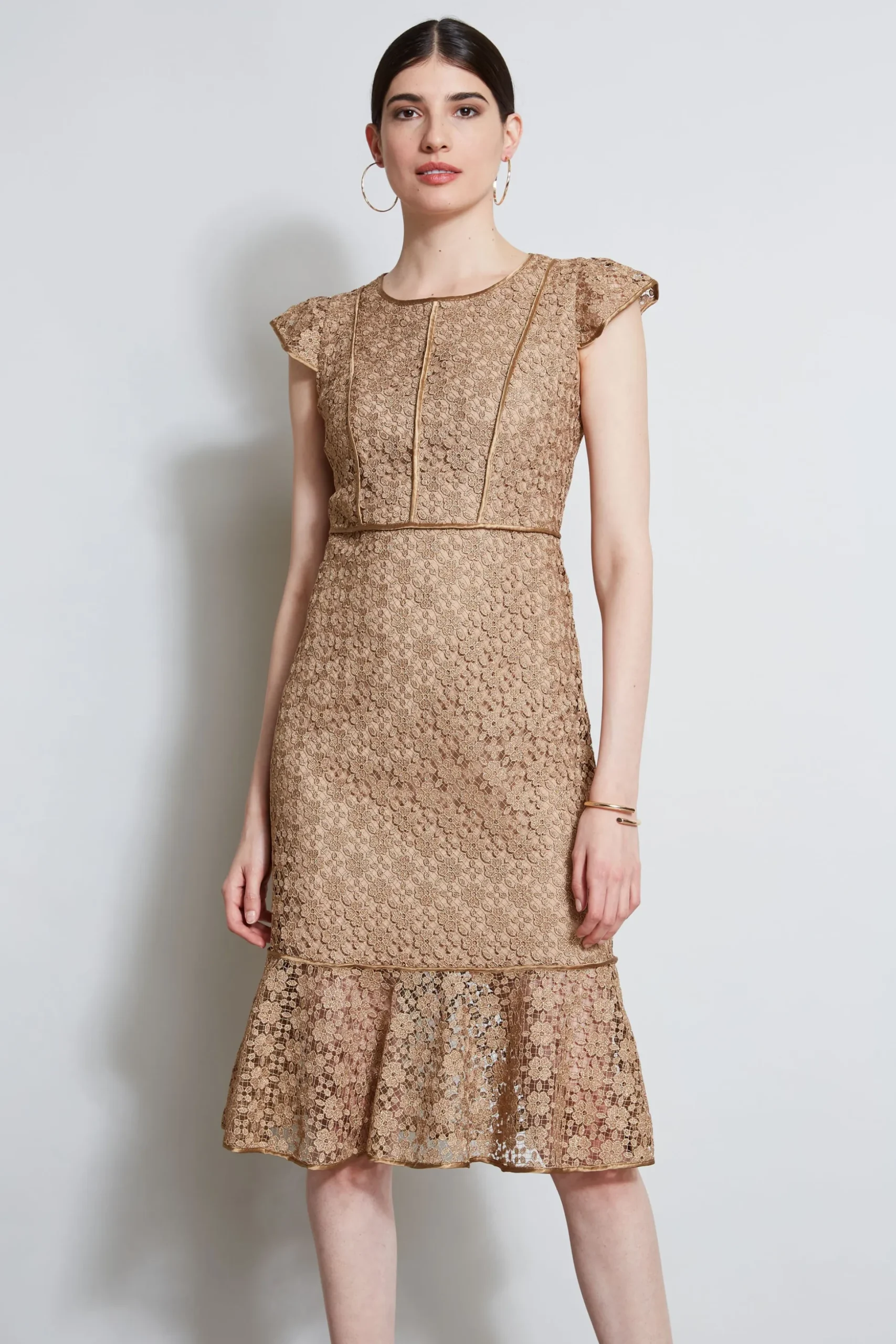 Elie Tahari Dresses & Jumpsuits|Midi Dresses-Lace Flutter Sleeve Dress GOLD