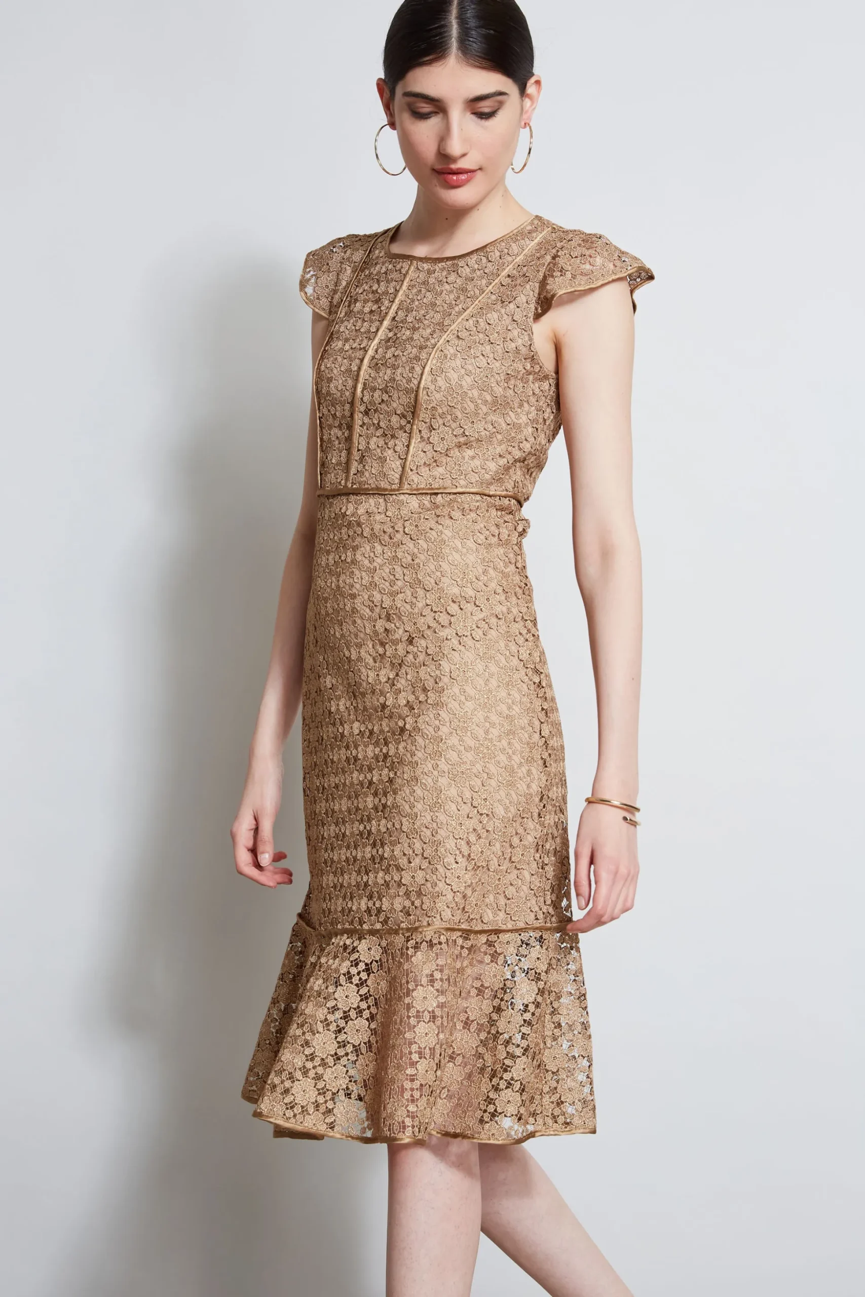 Elie Tahari Dresses & Jumpsuits|Midi Dresses-Lace Flutter Sleeve Dress GOLD