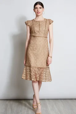 Elie Tahari Dresses & Jumpsuits|Midi Dresses-Lace Flutter Sleeve Dress GOLD
