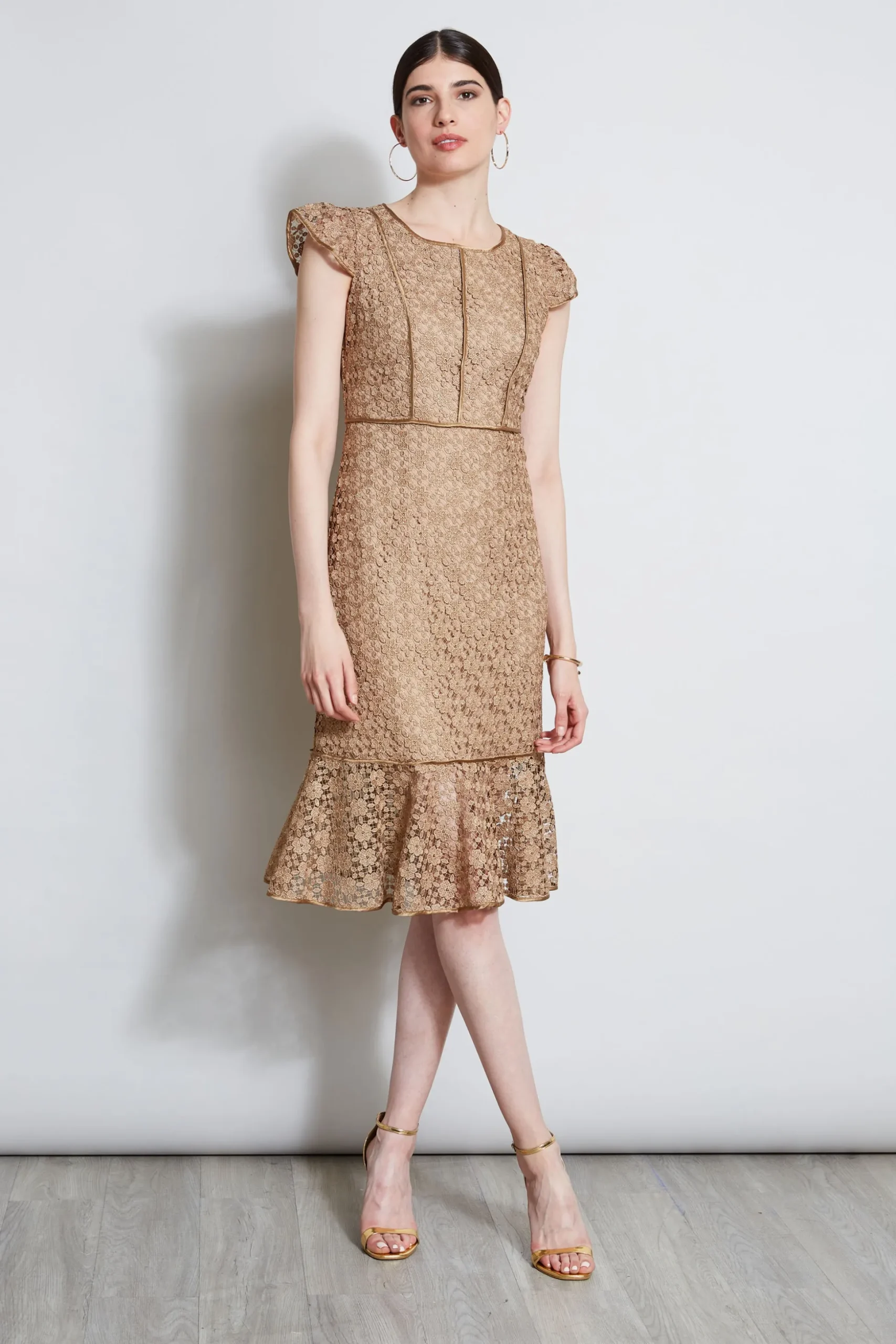 Elie Tahari Dresses & Jumpsuits|Midi Dresses-Lace Flutter Sleeve Dress GOLD