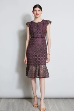 Elie Tahari Dresses & Jumpsuits|Midi Dresses-Lace Flutter Sleeve Dress PLUM
