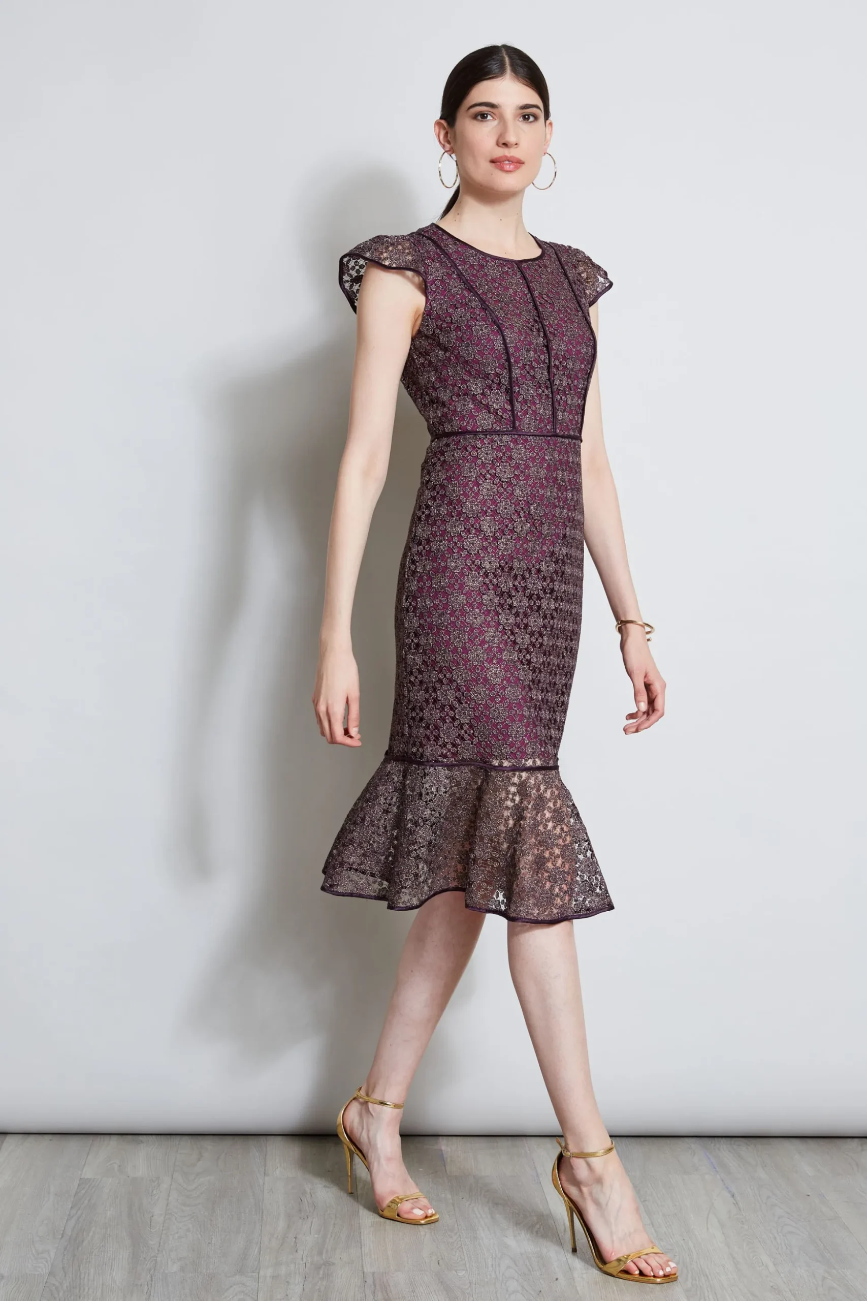 Elie Tahari Dresses & Jumpsuits|Midi Dresses-Lace Flutter Sleeve Dress PLUM