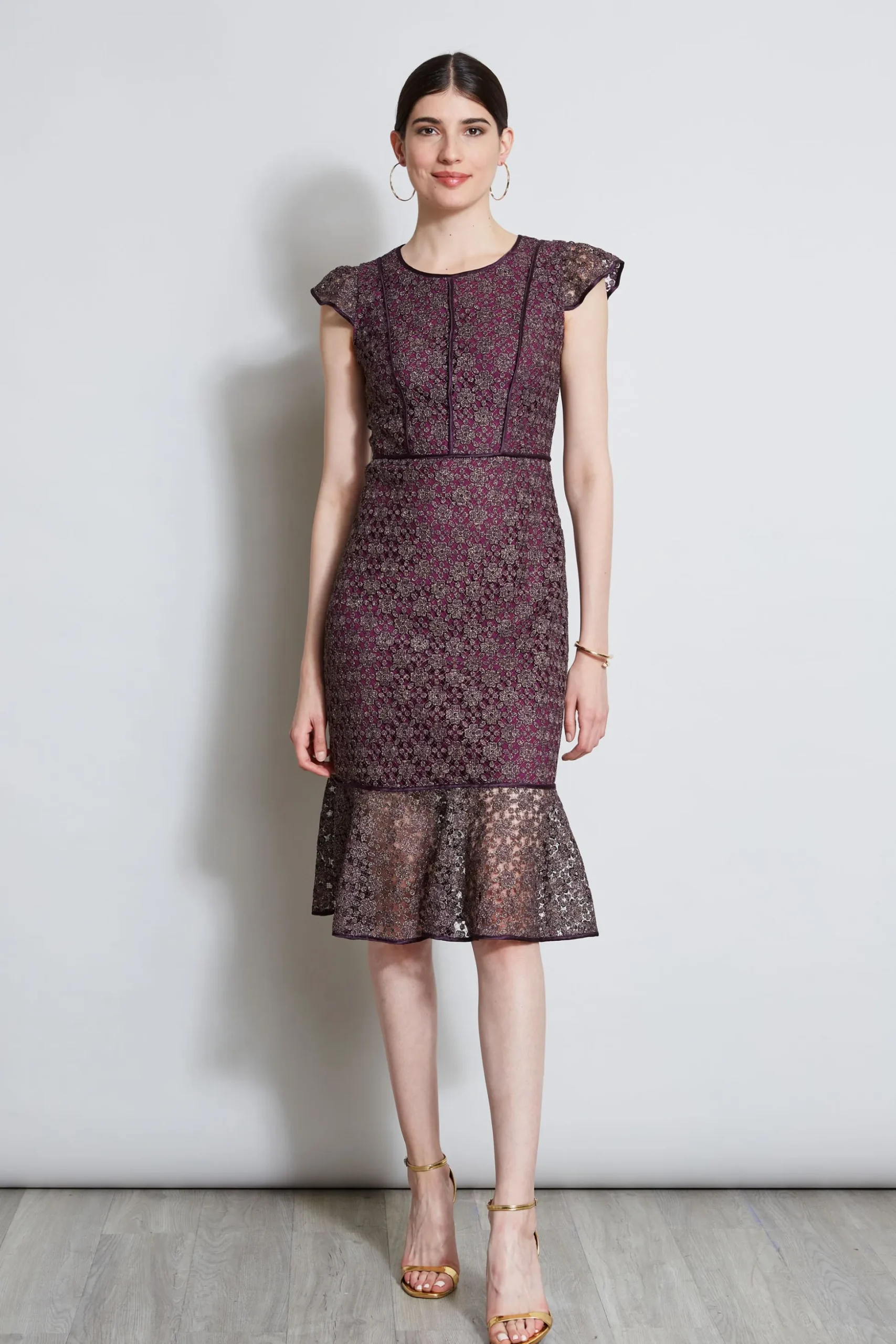 Elie Tahari Dresses & Jumpsuits|Midi Dresses-Lace Flutter Sleeve Dress PLUM