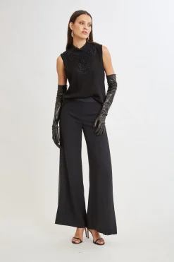 Elie Tahari Tops & Sweaters-Lace Insert Crinkle Silk Chiffon Shirt BLACK