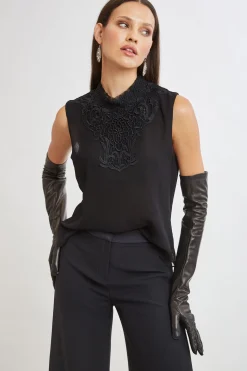 Elie Tahari Tops & Sweaters-Lace Insert Crinkle Silk Chiffon Shirt BLACK