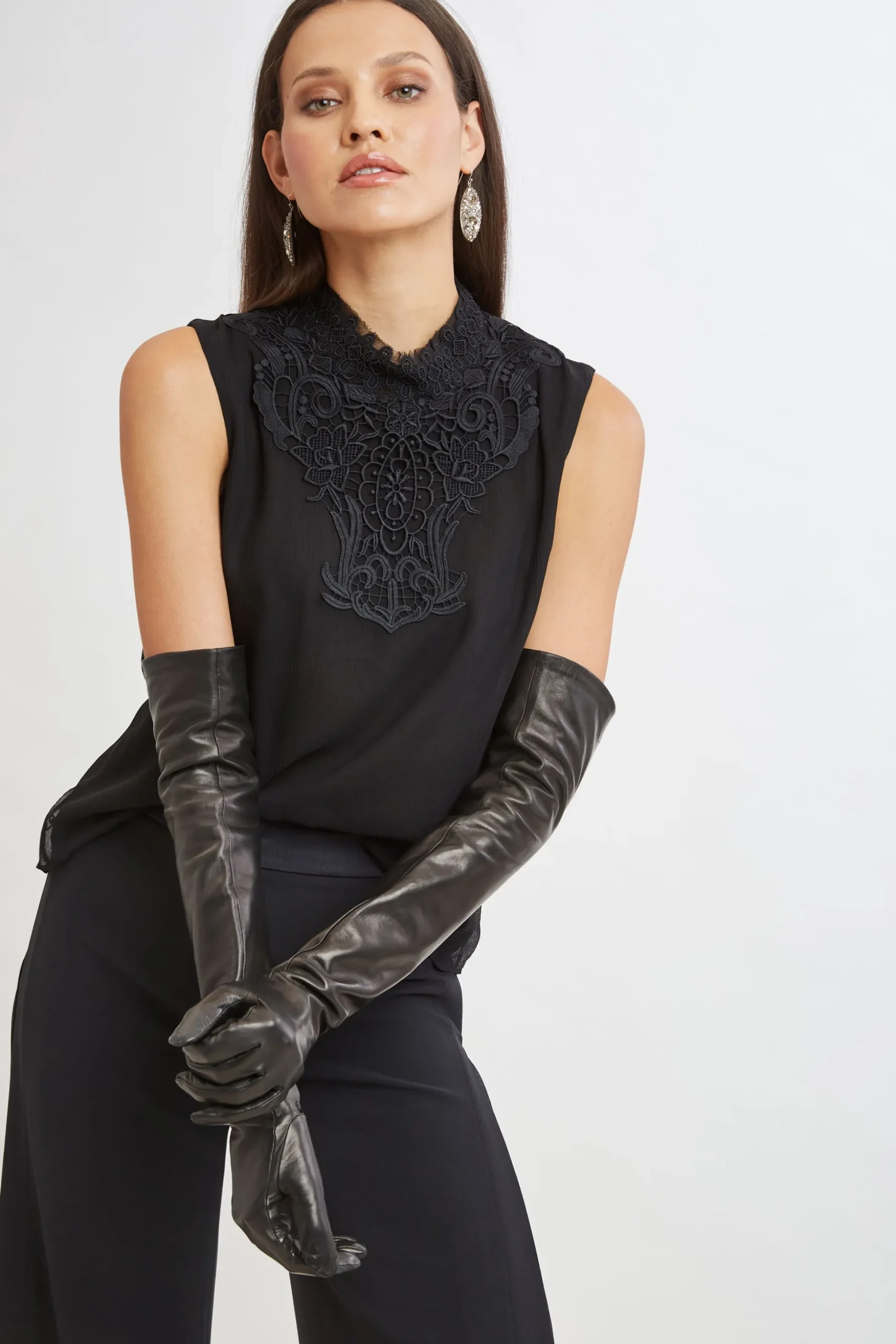 Elie Tahari Tops & Sweaters-Lace Insert Crinkle Silk Chiffon Shirt BLACK