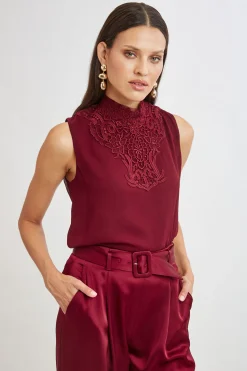 Elie Tahari Tops & Sweaters-Lace Insert Crinkle Silk Chiffon Shirt SANGRIA