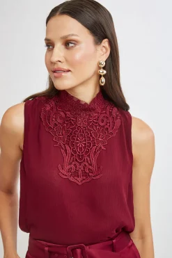 Elie Tahari Tops & Sweaters-Lace Insert Crinkle Silk Chiffon Shirt SANGRIA