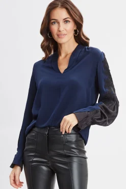 Elie Tahari Tops & Sweaters-Lace Sleeve Silk Shirt MIDNIGHT