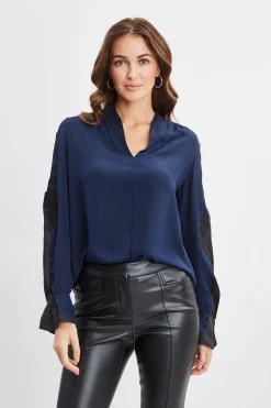 Elie Tahari Tops & Sweaters-Lace Sleeve Silk Shirt MIDNIGHT