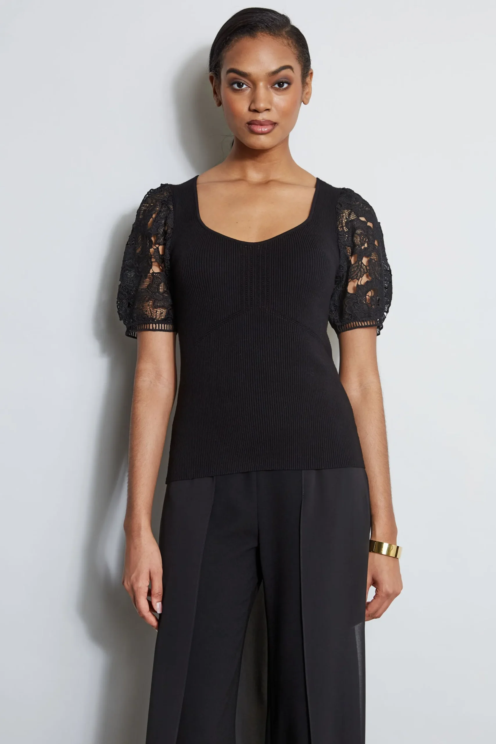 Elie Tahari Tops & Sweaters-Lace Sleeve Sweater NOIR