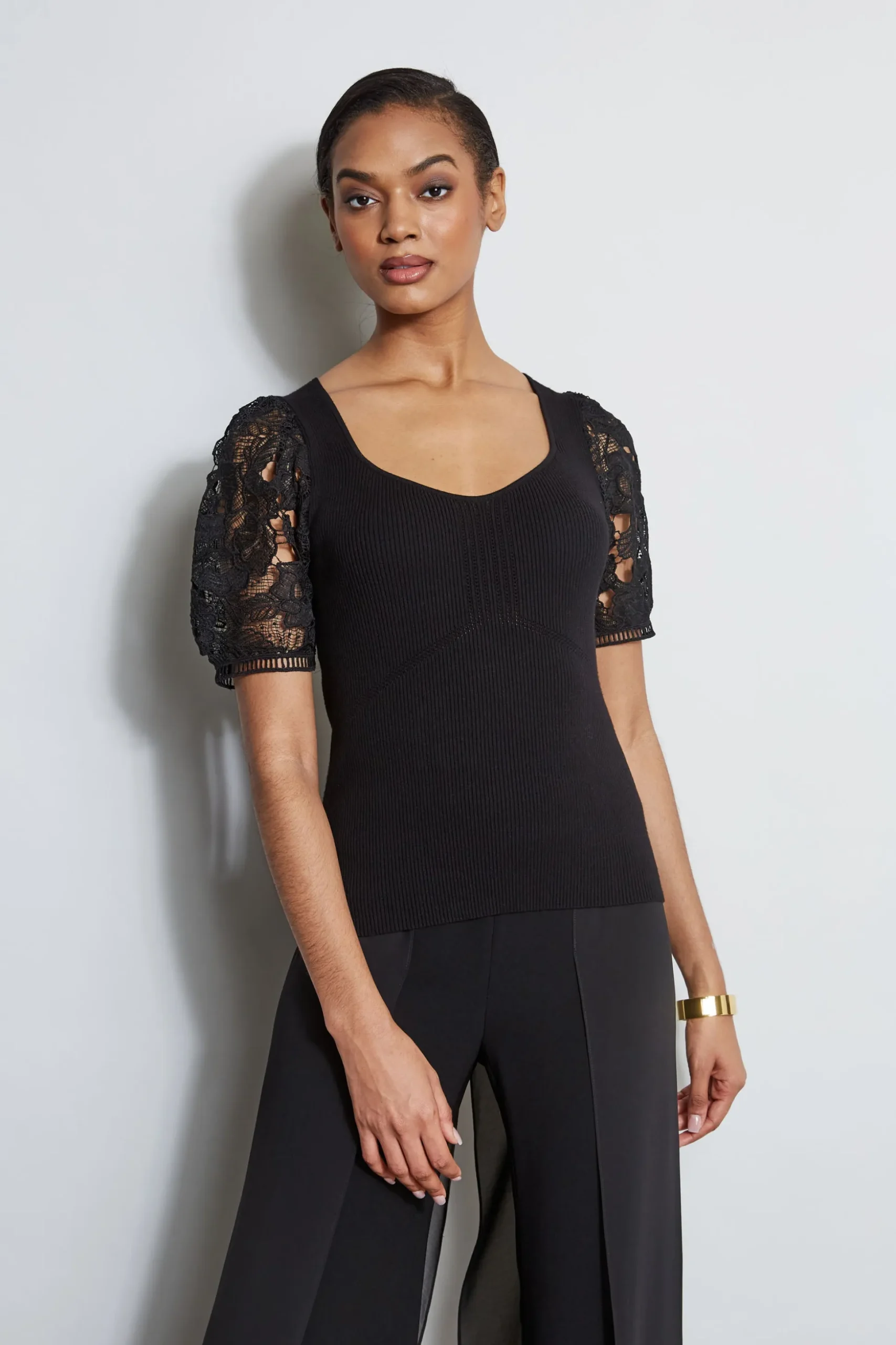 Elie Tahari Tops & Sweaters-Lace Sleeve Sweater NOIR