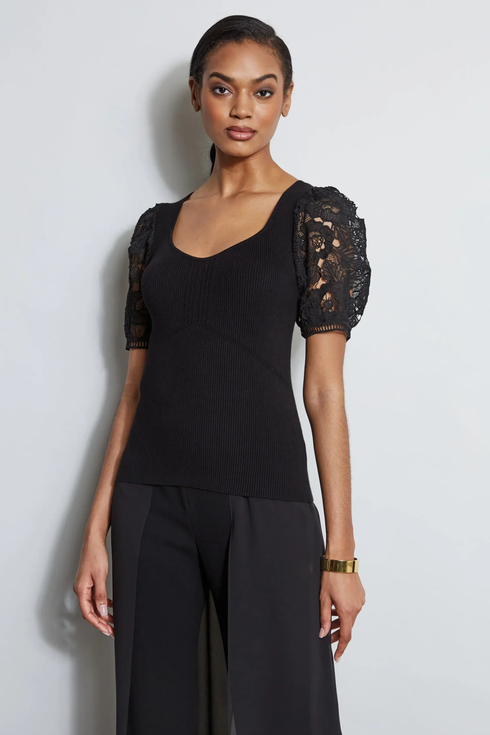 Elie Tahari Tops & Sweaters-Lace Sleeve Sweater NOIR