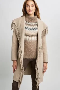 Elie Tahari Coats-Long Sleeve Fringe Detail Wrap Coat Oats