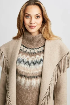 Elie Tahari Coats-Long Sleeve Fringe Detail Wrap Coat Oats