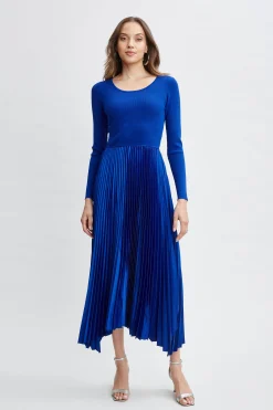 Elie Tahari Dresses & Jumpsuits-Long Sleeve Knit Pleated Dress EVENINGBLUE