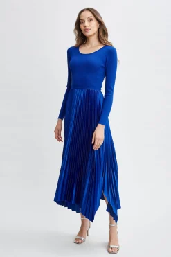 Elie Tahari Dresses & Jumpsuits-Long Sleeve Knit Pleated Dress EVENINGBLUE