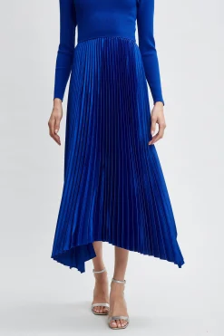 Elie Tahari Dresses & Jumpsuits-Long Sleeve Knit Pleated Dress EVENINGBLUE